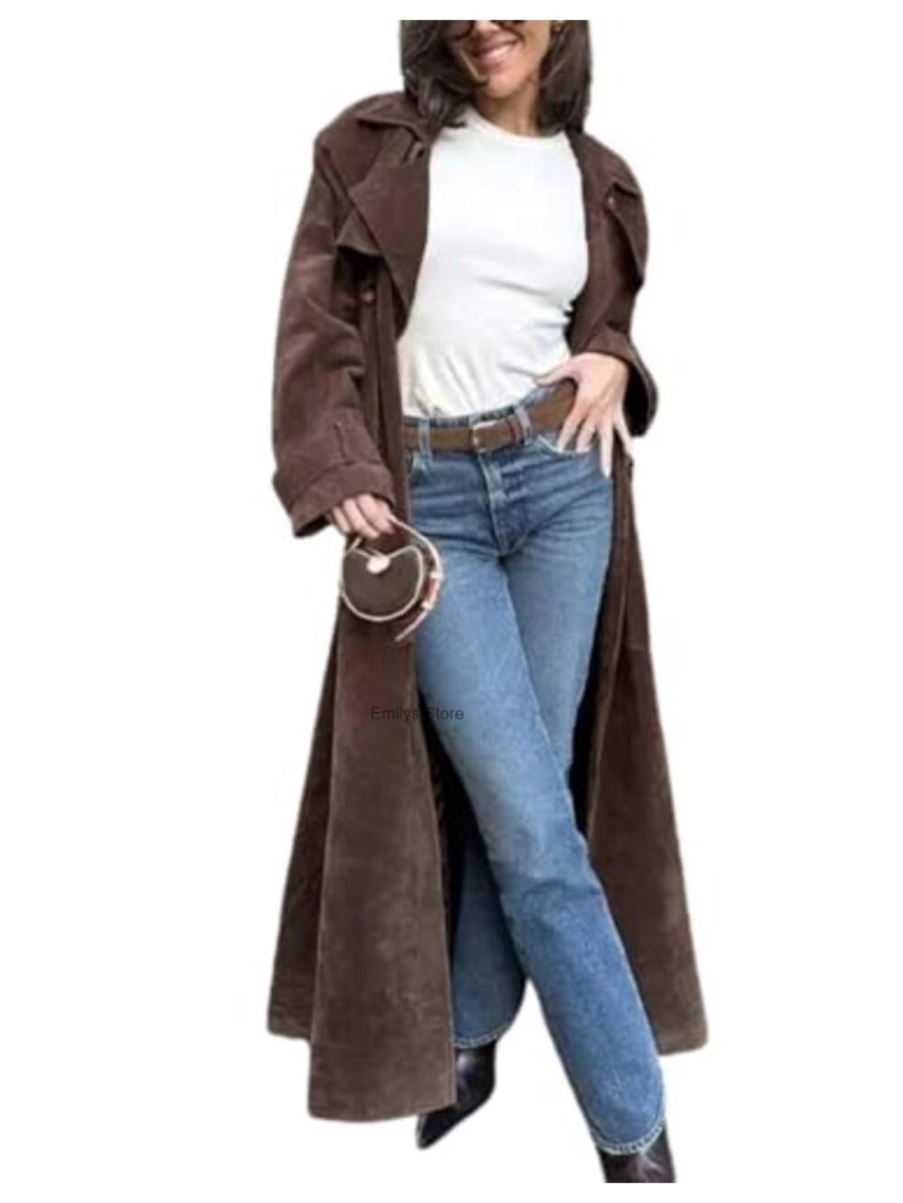 Faux Suede Long Trench Coat Notched Lapel Double Breasted Pea Coat Belt